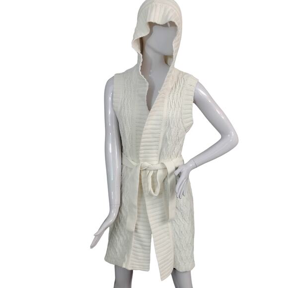 Sonoma Cable Knit Cardigan Size Medium Cream Hooded Sleeveless Tie At Waist - Picture 2 of 10